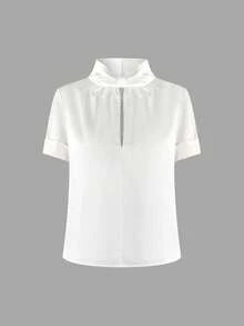 女士春夏休闲简约日常通勤百搭商务优雅街头风小立领插肩袖镂空褶裥后拉链白色缎面梭织衬衫 - 白色 - 查看 3