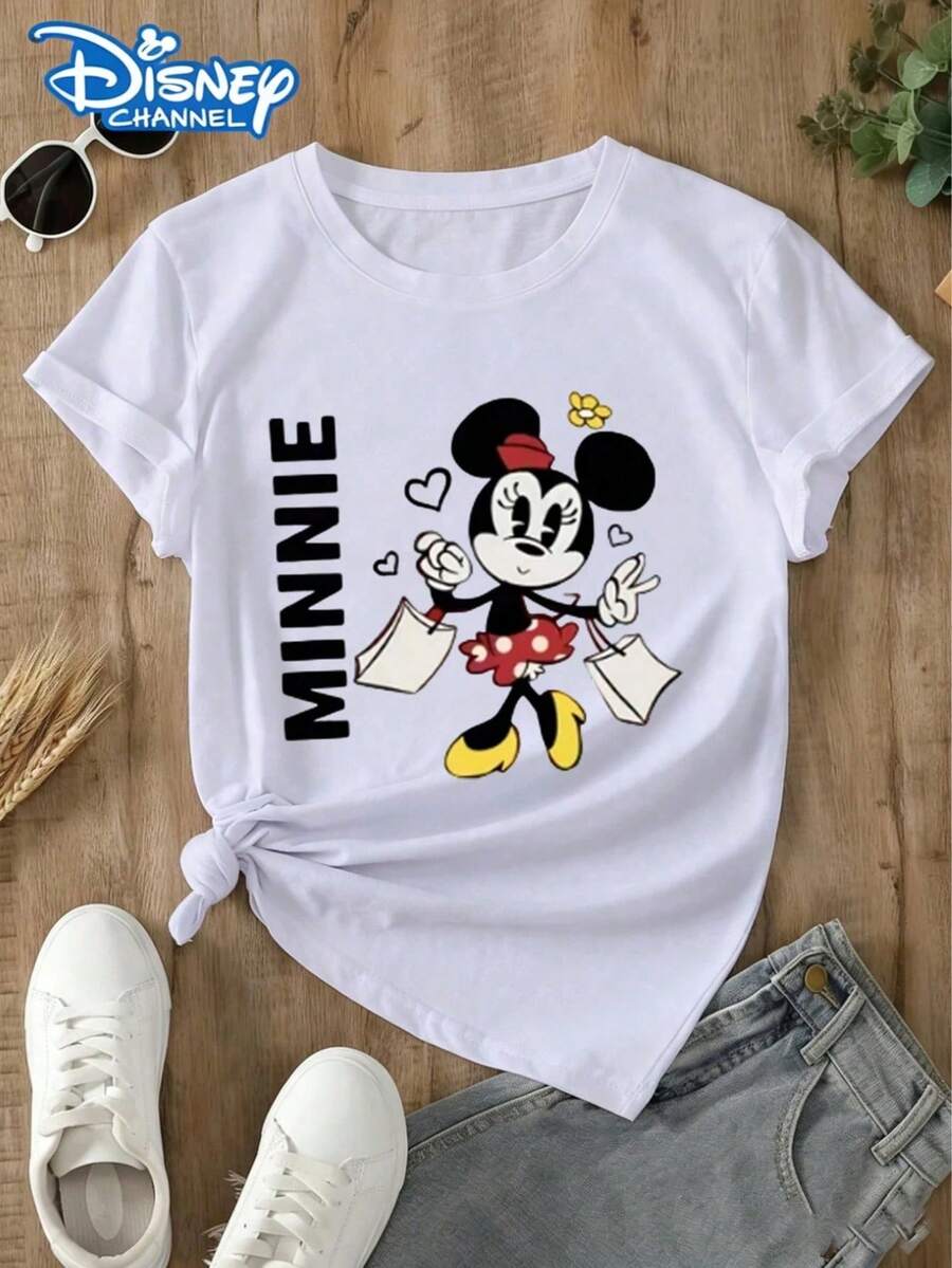 Disney Women's Casual Minnie Mouse Graphic Tee Regular Fit Cotton Short Sleeve Round Neck T-Shirt - White - View 1