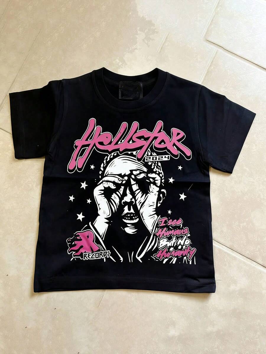 Hellstars 2024 I See Humans But No Humanity Y2K Graphic T-Shirt,220g 100% Cotton,Round Neck Short Sleeve,Black Streetwear Essential For Summer Going Out,Unisex Style - Black - View 1