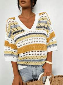 Plus Size Women Striped Drop Shoulder Hollow Loose V-Neck Sweater, Suitable For Summer, Beach, Party Wear Spring - Yellow - View 2