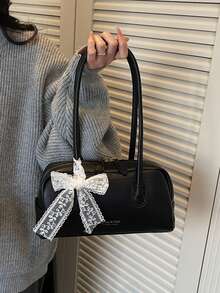 Bolso de hombro de mujer de unicolor retro de piel de PU, de gran capacidad con diseño de múltiples bolsillos y colgante decorativo desmontable - Negro - Ver 7