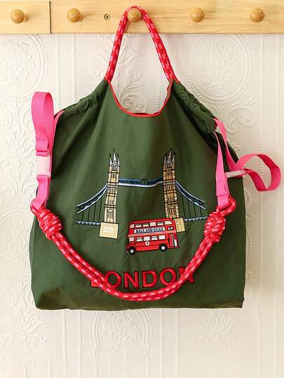 New Casual College Style Japanese Embroidered Nylon London Bus Pattern Tote Bag, Unique Design Versatile Commuting Holiday Party Large Capacity Shoulder Crossbody Shopper