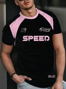 男士黑粉色“SPEED”字母印花短袖T恤，夏季透气赛车风街头服饰，休闲装 - 白色 - 查看 3