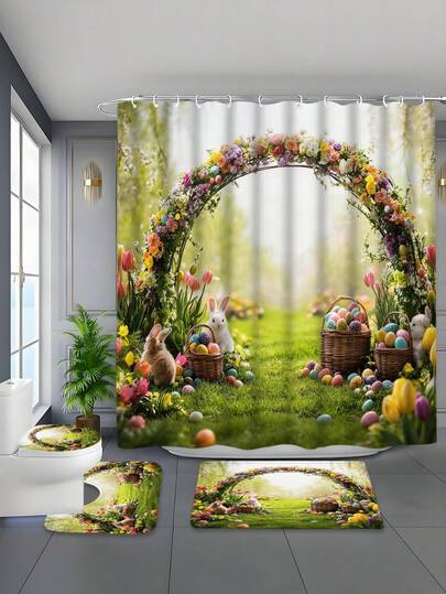 1/4件套图案印花防水浴室帘套装，宁静疗愈，防水防霉，加厚涤纶材质，免打孔安装，防滑垫，吸水马桶垫，数码印花，不易褪色，可机洗，四季皆宜，复活节限量版