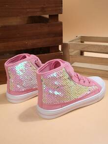 High Top Kids Sneakers Breathable Non Slip Glitter Canvas Shoes Cute Hook Loop Walking Casual Shoes For Toddler Boys And Girls Everyday Wear - Kim sa màu hồng - Xem 3