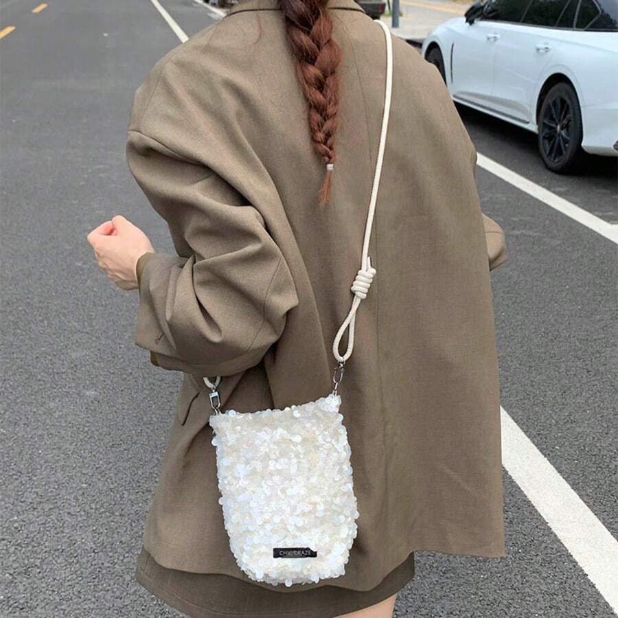 Women's Spring Mermaid Sequin Knot Phone Bag, Metal Label Travel Party Portable Sweet Lady Magnetic Closure Handbag - Multicolor - View 1