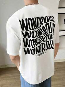 Camiseta holgada elástica de punto para hombre con estampado de eslogan, para verano - Blanco - Ver 1