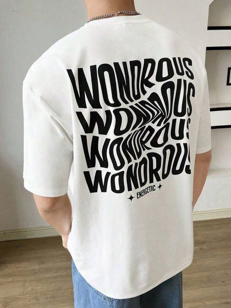 Camiseta holgada elástica de punto para hombre con estampado de eslogan, para verano - Blanco - Ver 1