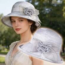 1pc Floral Decor Wide Brim Hat, With Natural Pleated Brim Edge Design, Featuring A Matching 3D Flower Decoration On The Side, Vintage Elegant Style, Suitable For Retro-Inspired Outfits Like British Vintage Look, Decorative And Practical For Sun Protection.,Beach,Travel - Fisherman's Hat - View 1