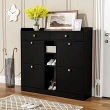 Edler weißer Schuhschrank mit 4 Klapptüren, 2 Schubladen, 3 offenen Fächern - perfekt für moderne Flure und Eingangsbereiche, Maße 110 x 26 x 100 cm - Schwarz - Übersicht 3