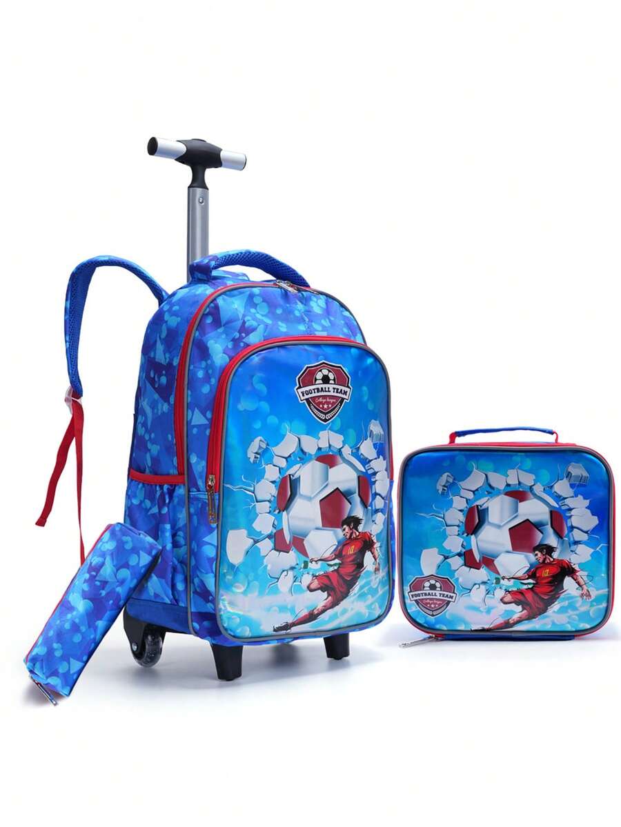 BLING BABIES Set de 3 piezas: Mochila con ruedas para niños, mochila escolar primaria con bolsa de almuerzo y estuche de lápices con diseño de fútbol de dibujos animados en color azul cielo, versión luminosa