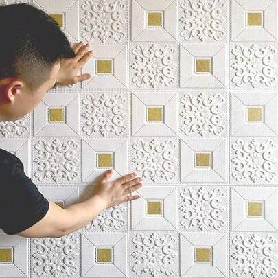 30片装天花板装饰屋顶棚屋乡村墙纸自粘客厅3D立体墙贴背景墙防撞软包装，尺寸：35*35厘米/13.78*13.78英寸