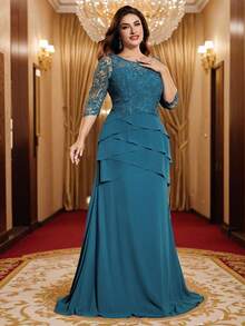 大码女士优雅3D蕾丝拼接雪纺修身圆领七分袖A字连衣裙，优雅奢华，适合鸡尾酒会、音乐会、婚礼、正式晚宴（精美刺绣）、情人节等场合。 - 水鴨藍 - 查看 11