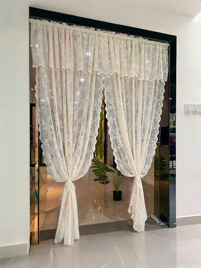 لوحة ستارة مزينة بالدانتيل اللون البيج، ستارة غرفة مقسمة بطراز بوهيمي نصف شفافة ذات نمط زهري مريح، ستارة نافذة ديكورية للغرفة النوم وغرفة المعيشة، ديكور منزلي مناسب لجميع الفصول