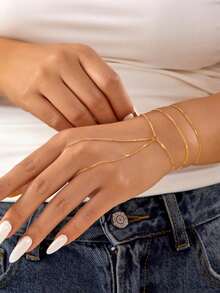 Elegant Gold-Tone Adjustable Faux Pearl Beaded Finger Ring, Bracelet, Crystal Zirconia Bracelet Jewelry Gift For Women - Multicolor - View 5