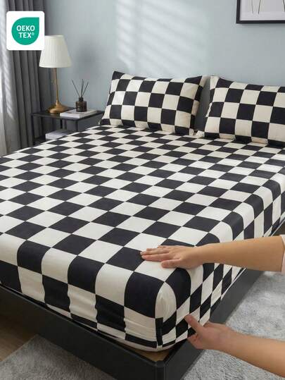 2/3pcs Black & White Plaid Bedsheet, Bedcover, Mattress Protector Set, Comfortable Home Textile, Breathable Anti-Pilling Mattress Cover, Soft & Skin-Friendly, Home Decor, Bedroom Bedding, Fashionable Mattress Pad, Full Wrap Mattress Protector, Fit For Single Bed