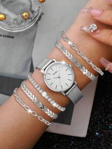 SOKI 女士手表套装，时尚休闲圆形表盘石英表搭配简约链式表带，适合日常佩戴、生日礼物、返校季礼物、感恩节礼物、情侣装（不含表盒） - 銀色 - 查看 5