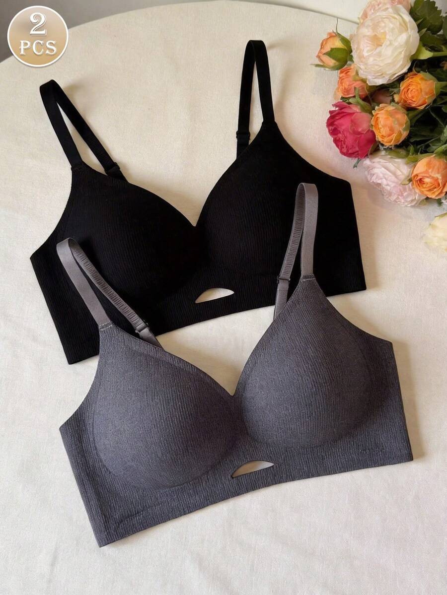 2 piezas Sujetadores deportivos de mujer con diseño calado, cómodos, minimalistas y con estilo sexy - Multicolor - Ver 1