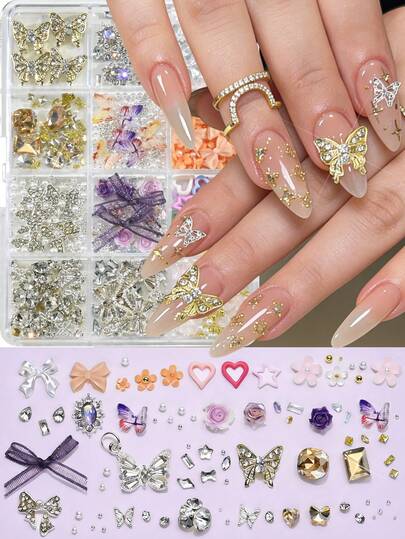 12格3D混合合金美甲装饰套装，包含金色蝴蝶结和布艺蝴蝶结设计，以及蝴蝶结、花朵、爱心、星星等款式，镶嵌闪亮水钻，适合DIY美甲、手机壳装饰、珠宝制作，浪漫风格美甲用品 - 款式随机
