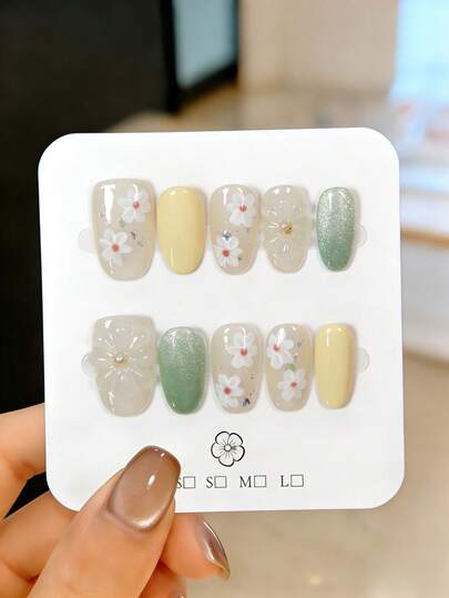10 Pieces Of Handmade Press-On Nails, Almond-Shaped, Adorned With Cute Hand-Painted Floral Patterns. Features 3D Three-Dimensional Transparent Flower Designs Decorated With Pearl Ornaments, Paired With Green Cat-Eye Finish. These Nail Art Supplies And Accessories Are Reusable, Easy To Put On And Remove Quickly, Suitable For Women And Girls. Ideal For Parties, Weddings, And Daily Wear. A Tool Kit Is Included As A Bonus. It Is An Excellent Gift For Ladies.