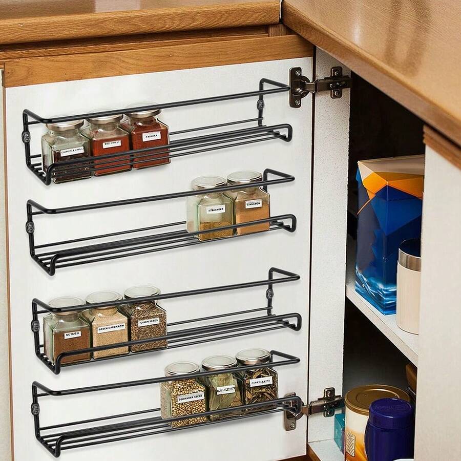 1pc No-Drill Wall Mounted Spice Rack, Space-Saving Design, Holds 6-8 Spice Jars. Ideal For Cabinet Doors And Wall Storage Of Seasonings, Stable With A Maximum Load Capacity Of 10kg. Perfect For Kitchen, Bathroom And Other Scenes.