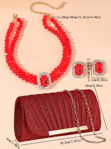 Bộ 3 món thời trang nữ đa năng gồm túi xách cầm tay, túi dự tiệc, túi đeo vai có dây xích, và bộ phụ kiện vòng cổ và bông tai đính đá. - Đỏ - Xem 8