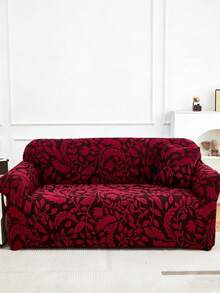 1pc Plush Red Leaf Pattern Stretch Sofa Cover, Nordic Modern Polyester Dust-Proof Anti-Slip Thickened Sofa Slipcover, Fits 1/2/3/4 Seater Sofa, Especially Suitable For Autumn/Winter Sofa Decor, Pillow Cover Not Included - Rose Red - View 2