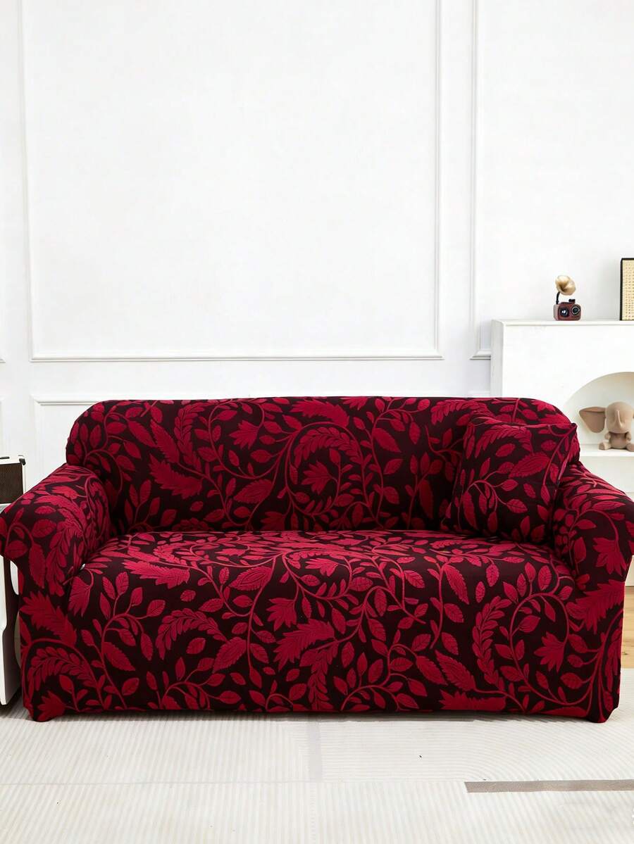 1pc Plush Red Leaf Pattern Stretch Sofa Cover, Nordic Modern Polyester Dust-Proof Anti-Slip Thickened Sofa Slipcover, Fits 1/2/3/4 Seater Sofa, Especially Suitable For Autumn/Winter Sofa Decor, Pillow Cover Not Included