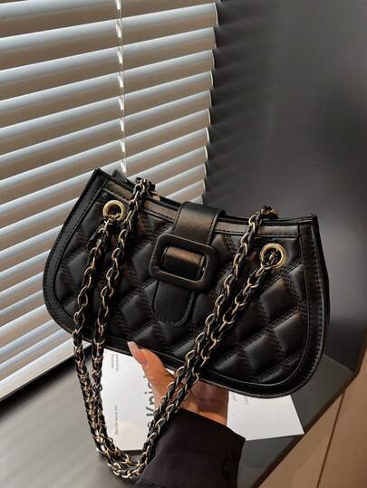 1个时尚刺绣手提包，今年流行的菱形百搭单肩包，女士通勤休闲斜挎包，新款PU硬质手提包，法棍包型，链条肩带，绗缝拉链封口，适合办公、商务、约会、购物、送礼、生日等场合，日常使用的最佳选择