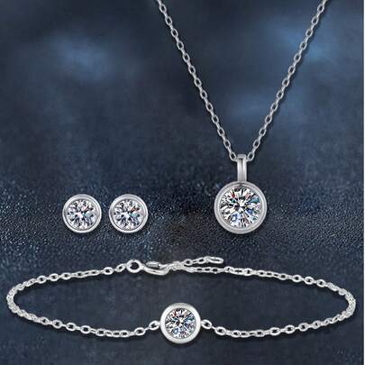 4pcs 925 Silver 2.5ct Moissanite Necklace, Bracelet, Earrings Set, Elegant Fashion Jewelry Suitable For Women's Daily Wear, Party, Vacation, Wedding Anniversary, Gift