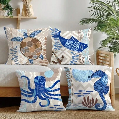 4件套夏季海洋生物抱枕套，包括海龟、章鱼和海马图案，单面印花，柔软桃皮绒面料，尺寸45*45厘米，适合房间装饰、室内沙发客厅装饰、派对装饰，也是一份精美的装饰枕礼物。
