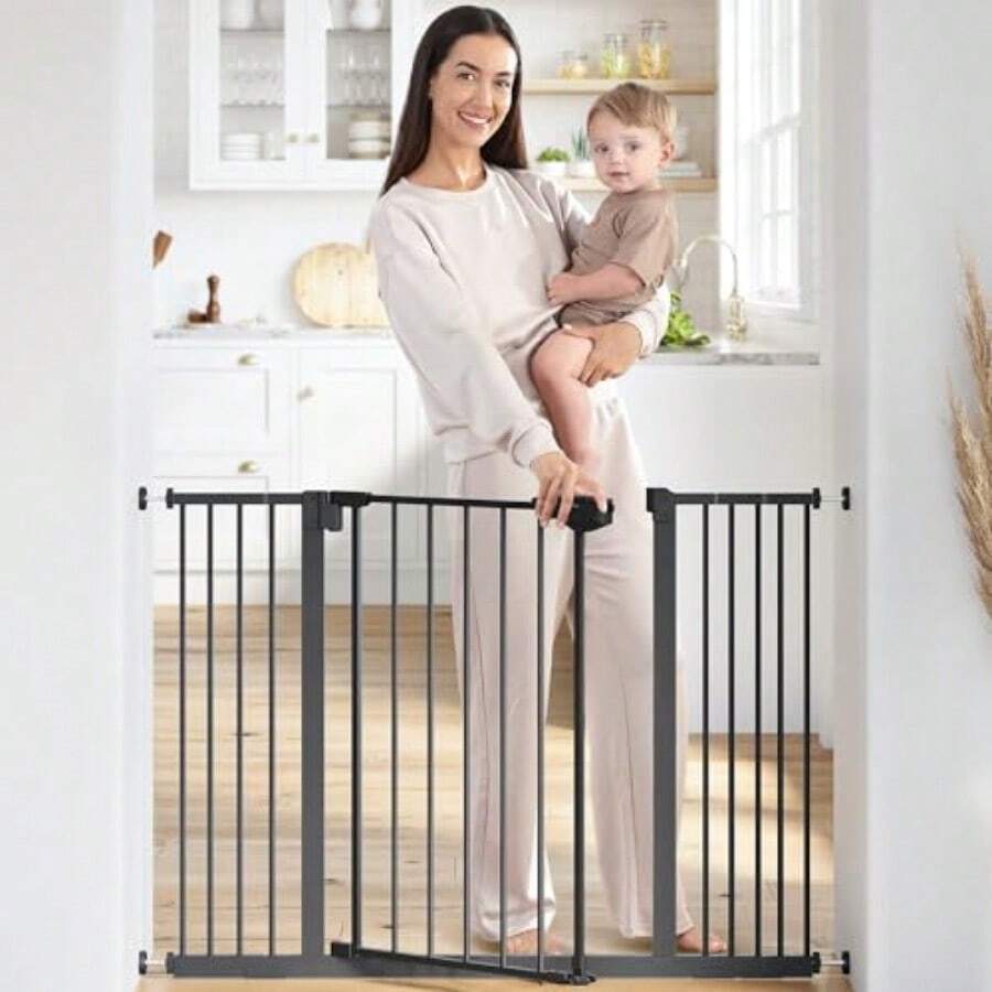 Baby Safety Gate with 3 Extensions - Adjustable 42" x 1.9" x 30" Q195 Steel Doorway Barrier - Powder-Coated Finish for Stairs and Doorways - Walk-Through Design Pet Gate - Black - Negro - Ver 1