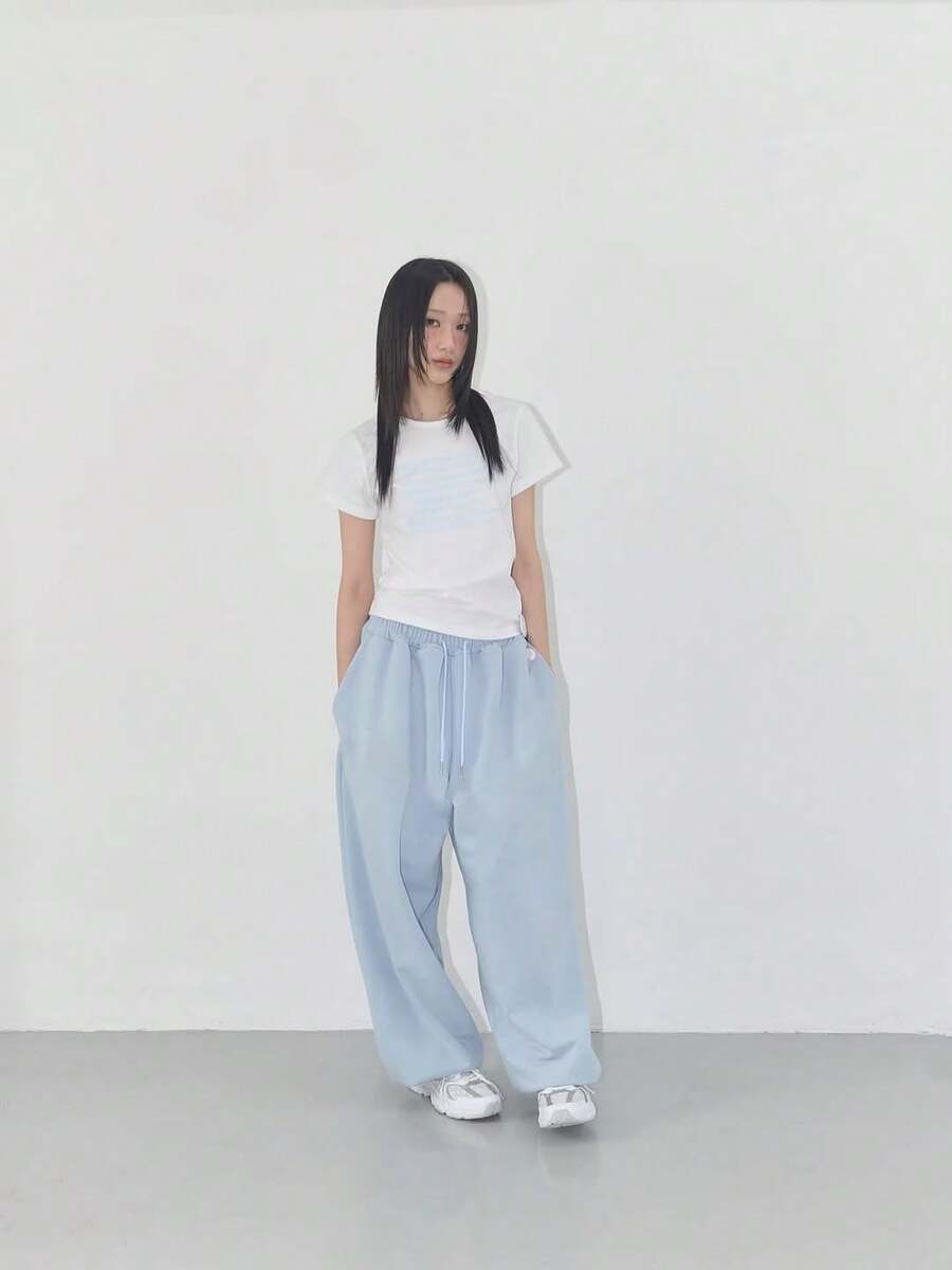 1PC Y2k American Hip-Hop Retro Casual Pants Jazz Street Dance Sports Sweatpants Loose Street Wide-Leg Long Pants - 淺藍 - 查看 1