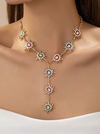 1 pièce Collier soleil en émail plaqué or pour femmes - Lariat boho spirale solaire - Bijou d'été coloré et à la mode pour un port quotidien et en vacances