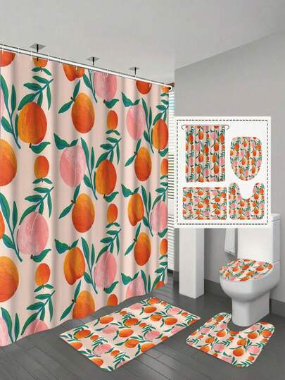 1/4pcs Peach Pattern Shower Curtain Set, Vibrant Cute Fruit Waterproof Shower Curtain, Cartoon Home Decor Fabric Curtain, Bathroom Accessories, Orange-Pink, Waterproof Polyester Shower Curtain, Non-Slip Bath Mat, U-Shaped Toilet Rug, With 12 Hooks - Modern Style, Suitable For Home Decor, Bathroom Decor And Accessories, Easy To Clean And Maintain, Elegant Housewarming Gift - Fit For All Seasons