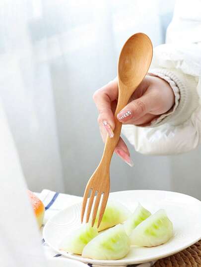 1pc Japanese-Style Dual-Head Fork & Spoon, Beechwood Integrated Spoon And Fork