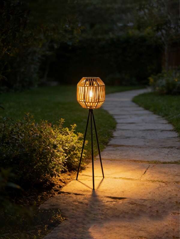 1pc Solar Powered Wicker Floor Lamp, Warm Light Outdoor Solar Floor Lamp, Solar Woven Lantern For Garden, Patio, Porch, Trees, Lawn, Pathway