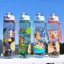 1pc 800ml/27oz Capybara Plastic Cup With Handle, Cute Cartoon Children Water Bottle, Large Capacity Straw Cup For Students - Multicolor - View 3