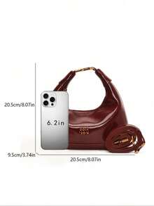 New Fashion Versatile Glossy Leather Lock Cherry Pendant Design Casual Crescent Adjustable Shoulder/Crossbody Handbag - Burgundy - View 7