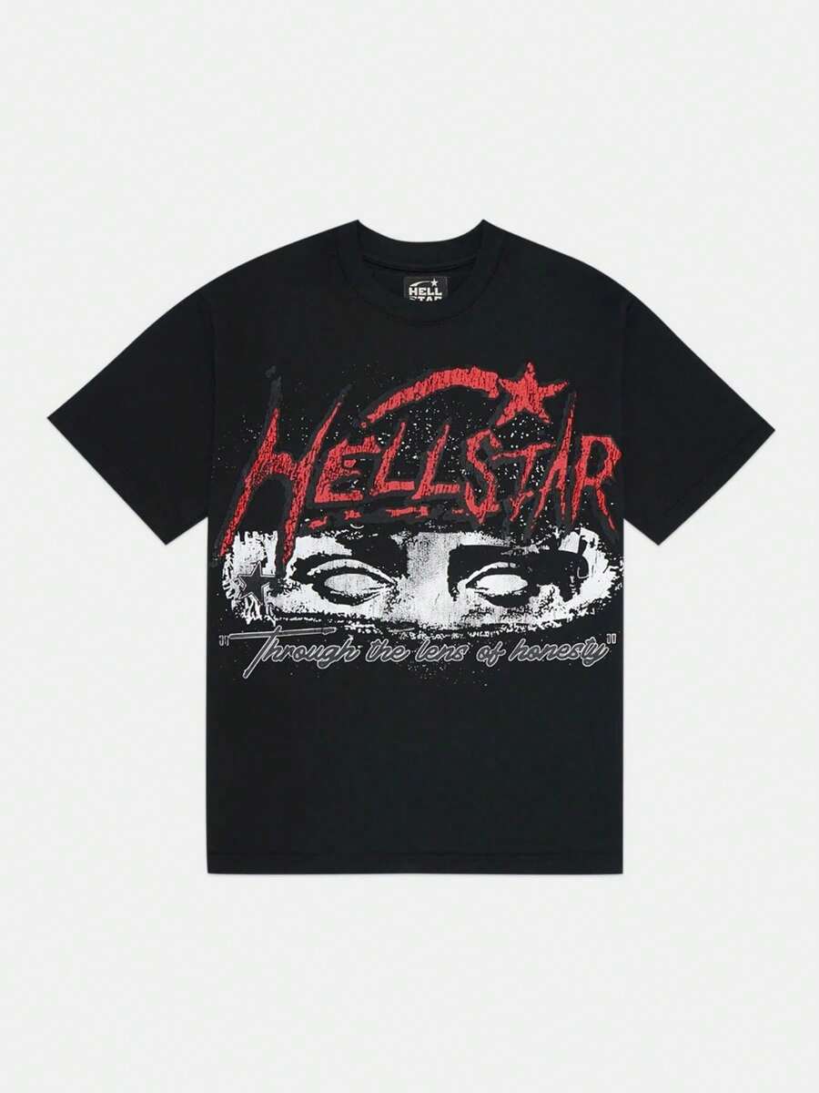 Hellstars Through The Lens Of Honesty Vintage Graphic T-Shirt,220g 100% Cotton,Round Neck Short Sleeve,Black Streetwear Essential For Summer Going Out,Unisex Style - Black - View 1