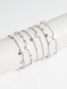 6pcs Minimalist Sweet Star Tassel Bracelets, Handmade Pearl Chain Bracelet Set For Women (Handmade Chain Length Can Be Cut, Not By Number Of Accessories) - Silver - View 3