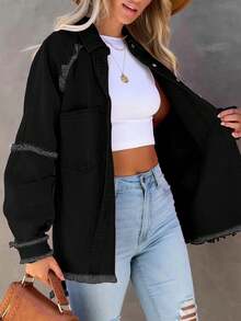Frayed Hem Fashionable Loose Fit Pink Denim Jacket Vacation Casual Spring Black - Black - View 4