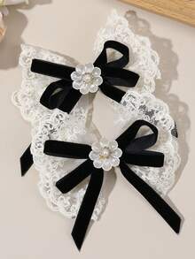 2pcs White Lace Girls Hair Accessories Elegant Pearl Flower Bow Hair Clips Black Velvet Bow Hair Clips With Tail Rhinestone Hair Clips For Daily And Wedding Children Hair Accessories - Black - View 11