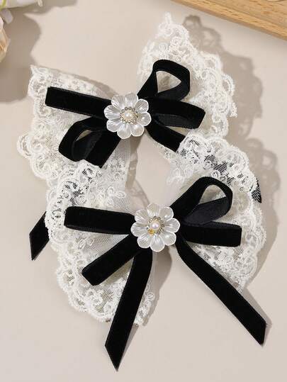 2PCS White Lace Hair Bows For Women Elegant Pearl Flower Bow Alligator Clips Black Velvet Bow Hair Clips With Tail Sparkling Rhinestone Hair Barrettes For Daily Dating And Wedding Women Hair Acccessories