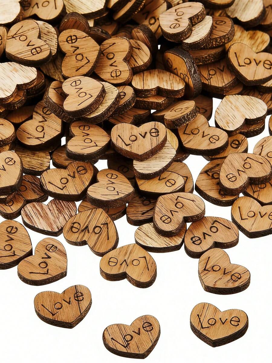 100pcs Vintage Rustic Wooden Heart Decor, Carved Love Letter Wooden Fragments, Wedding Table Scatters, Handmade Decoration Gifts For Wedding & Valentine's Day - A - View 1