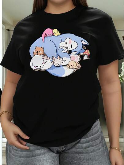 Camiseta de Cuello Redondo 100% Algodón para Mujer, Talla Grande, Camiseta con Temática SKZ para Mujer - Personajes y Letras de SK Zoo, Manga Corta, Cuello Redondo, No es Blusa, Adecuada para Primavera, Verano y Otoño, Ropa Casual, Lavable a Máquina, Ropa de Marca SKZ, Estilo Vintage, Cuello Redondo, Tipo Pullover, Tela Ligeramente Elástica, Corte Regular, Perfecta para Adultos.