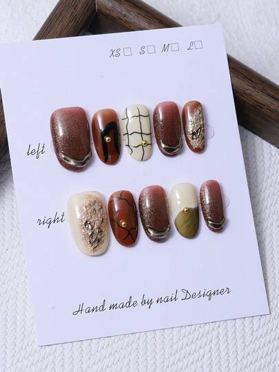 10pcs/Set Handmade Short Oval Nail Pieces In Y2K Wine Red, With French Style, 3D Handcrafted Silver Plated Lines, Hand-Drawn Line Grid And Steel Bead Inlay Design For Nail Decoration. 1 Piece Of Jelly Gel And 1 Piece Of Nail File, Very Suitable For Wearing At Parties And Formal Occasions, Press On Nails And Nail Care Products.