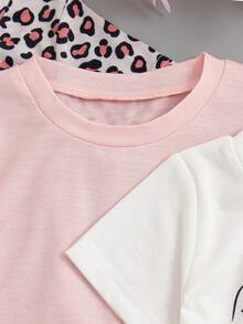 3pcs Baby Girls Leopard Print, Solid Color Short Sleeve Top And Shorts Sets - Multicolor - View 4