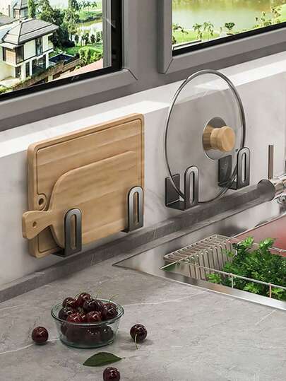 2pcs Drill-Free Pot Lid Rack, Multifunctional Kitchen Storage Rack, Cutting Board And Pot Lid Holder, Wall-Mounted Organizer Shelf, Suitable For Bathroom And Balcony