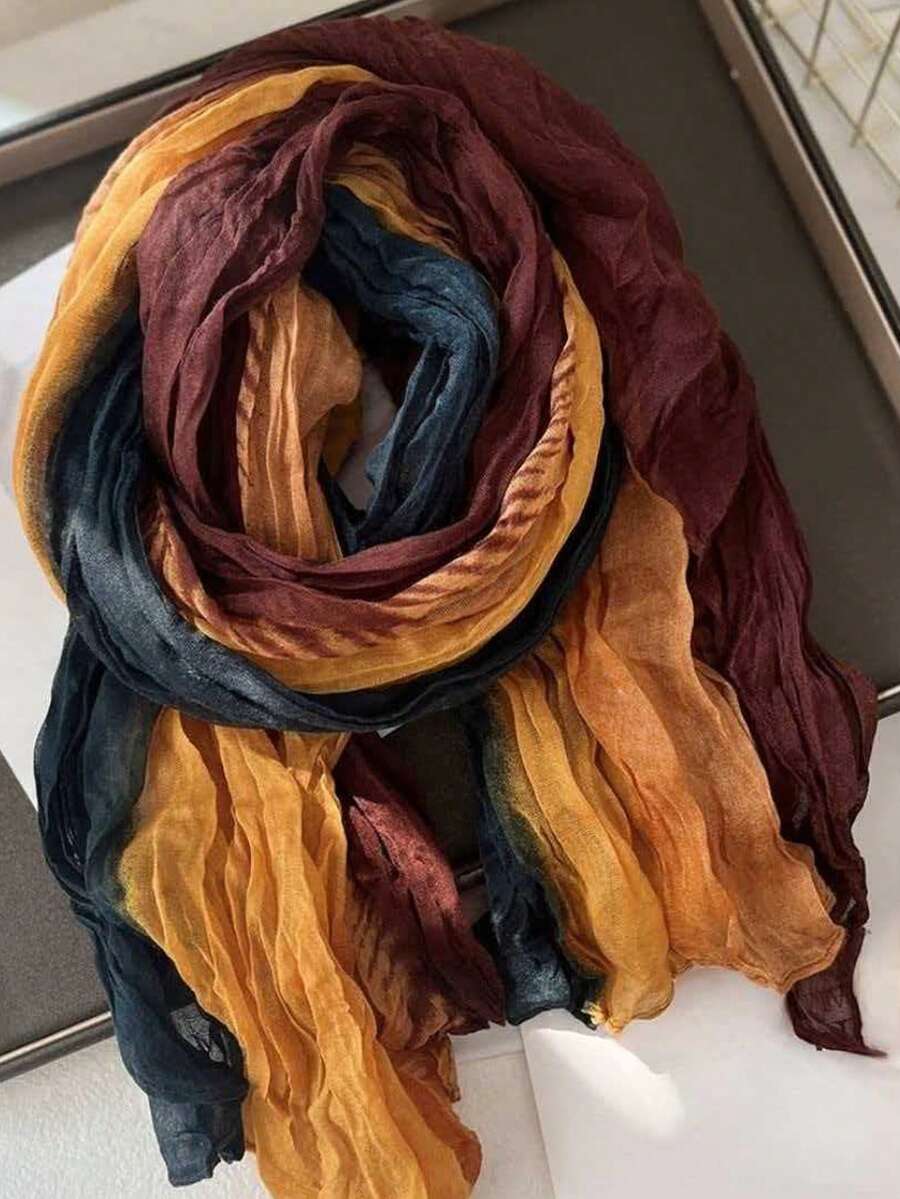 1pc Spring/Summer New Ombre Pleated Soft Long Scarf, Retro Artistic Vibe Shawl For Outing & Beach - Multicolor - View 1